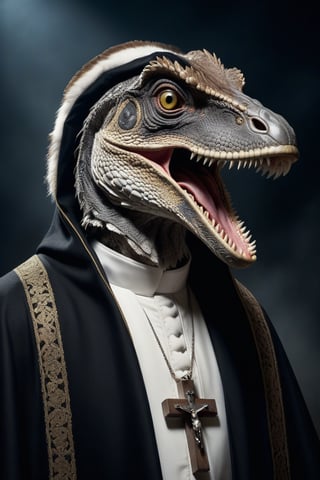 Award-winning photographer captures a hauntingly realistic image of a fierce velociraptor, its snarling face illuminated by the (faint glow of a crucifix:1.2). Framed against a dark, ominous background, dressed as a (priest:1.3), luxurious fabrics and fur trims, his menacing gaze seems to pierce through the shadows. Victorian Era-inspired textures bring realism to its fur and skin, while an eerie stillness in the air hints at a battle-scarred past.