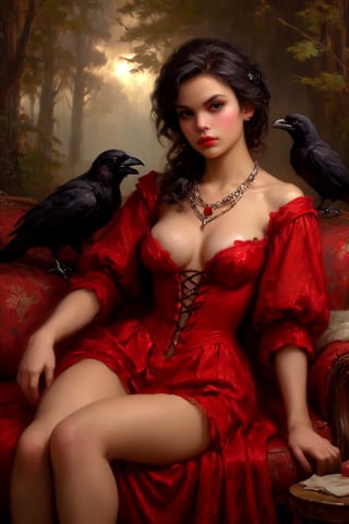 Little Red Riding Hood's sultry gaze lures in the camera as she lounges on a plush, crimson-red velvet couch, her iconic hood now replaced with a ravishing raven-haired updo. Soft, golden lighting accentuates her porcelain skin and plump lips, while a delicate, gemstone-encrusted necklace frames her décolletage. A languid pose, one leg tucked under, showcases her toned physique, as if inviting the viewer to join her in this seductive forest lair.