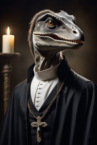 Award-winning photographer captures a hauntingly realistic image of a fierce velociraptor, its snarling face illuminated by the (faint glow of a crucifix:1.2). Framed against a dark, ominous background, dressed as a (priest:1.3), luxurious fabrics and fur trims, his menacing gaze seems to pierce through the shadows. Victorian Era-inspired textures bring realism to its fur and skin, while an eerie stillness in the air hints at a battle-scarred past.