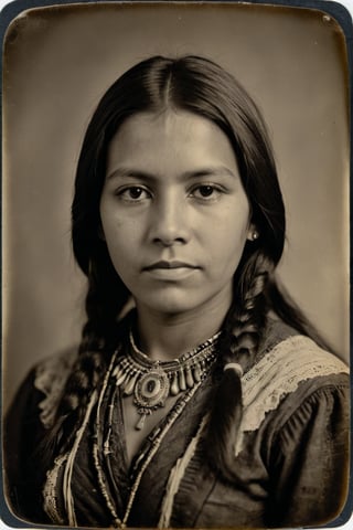 tintype of a beautiful apache princess, facing viewer, portrait,