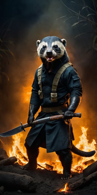 Award-winning photographer captures a hauntingly realistic image of a fierce honey badger, its snarling face illuminated by the (faint glow of a fire:1.2). Holding a machette,  Framed against a dark, battleground background, dressed as a (mercenary:1.3), textured fabrics and weapons, his menacing gaze seems to pierce through the shadows. Vietnam Era-inspired textures bring realism to its clothes and skin, while an eerie stillness in the air hints at a battle-scarred past.