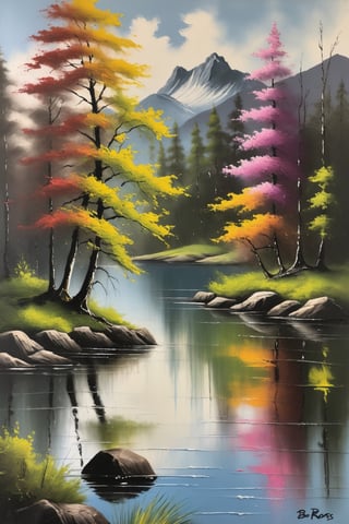 antique wet on wet oil painting of a lake scene, surrounded by trees, Spring, vibrant natural colours,| painted with thick brush, award winning painting by Bob Ross, 