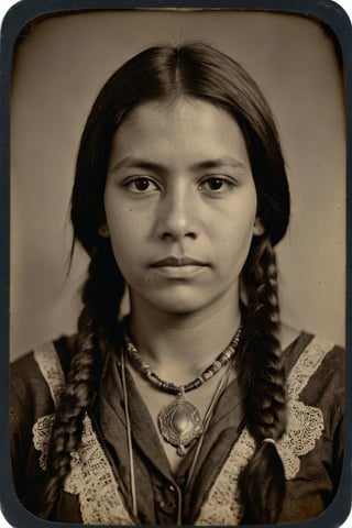 tintype of a beautiful apache princess, facing viewer, portrait,