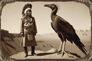 Award-winning vintage sepia-toned postcard depicting an Apache chief proudly standing beside a majestic, life-sized Perched Pterodactylus (Pterodactylus). The giant flying reptile's wingspan stretches wide, its leathery skin glistening in the warm, golden light. Framed by a delicate filigree border, the tintype photograph captures the chief's regal posture, his native garb and headdress a testament to his proud heritage.