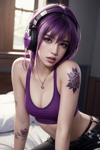 photorealistic, masterpiece, best quality, raw photo, 1girl,  very small breasts, punk hair, bright violet hair, wearing casual shirt, hot pants, wearing wireless headphone, looking at viewer, dynamic lighting, in the dark, deep shadow, low key, intricate detail, detailed skin, pore, highres, hdr, dua lipa, seductive pose, goth makeup, sexy, kinky, pink lips, full tattoo, laying down on bed , sweaty, 