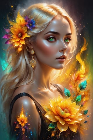 From behind, Photorealistic portrait of a gorgeous woman emitting a soft glowing aura with flowy black hair resembling steam in water with vibrant floral elements encased in glass, hyperdetailed face and eyes, colorful rendition, 3d style flowers, amber glow, sharp focus on eyes, vivid hazel eyes, work of beauty elegance and complexity, from behind, colorful body tattoos on her back, fantasy vibe,A blonde girl dancing, green and yellow eyes, flowing ink elements, alberto seveso style,  close-up ,Glass, lots of jewelry gold and diamonds like earings necklace bracelets and circlets. fire and radial glow background.