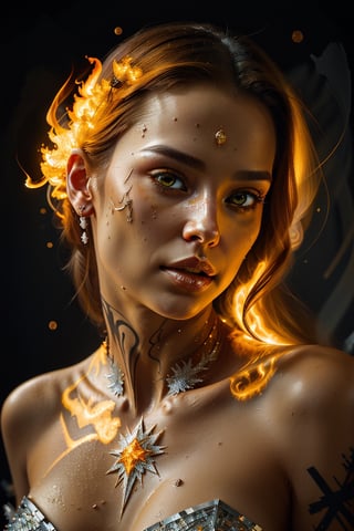 (masterpiece, top quality, best quality, official art, beautiful and aesthetic:1.2), (1girl), extreme detailed, (abstract, fractal art:1.3), long hair, isometric, highest detailed, (fire, water, ice, lightning), ghost,Realism, red glowing eyes, jewelery made of diamonds and silver, yellow glows background 