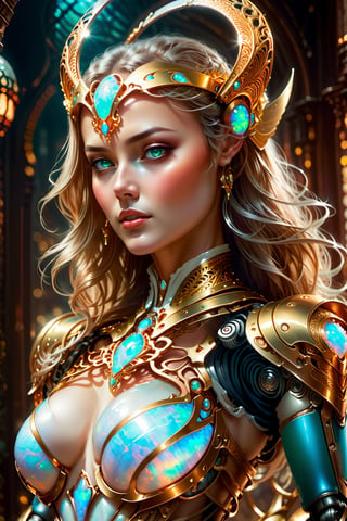 Lots of jewelry of gold and opal, Transport yourself to a magical atmosphere in a fantasy world with a prompt for a magician warrior princess. Envision her in a biometrical, vibrant-colored suit, set against the backdrop of a beautiful fantasy world. Request a unique presentation of super realistic images in 32K Ultra HD, capturing every detail in a photographic cinematic style – a masterpiece that immerses viewers in the enchanting realm