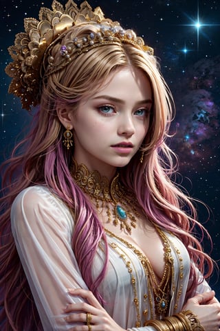 ultra high resolution, surreal, official art, divine nature, elegant and royal, violet, white, blond_hair, girl, tulip flowers, gold, jewelry, complex detailed, medium shot, Holiness, Chaos, charming, majestic, beautiful Psychedelia, Madness, Highly detailed, intricate, midjourney, xyzabcplanets, scenery, Color magic,Realism