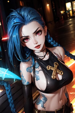 Holding_gun, (best quality, masterpiece, colorful, dynamic angle, highest detailed)(Jinx, Legue of Legends, Arcane), big_boobs, intense blue long hair, Jinx, Arcane, flirting, bokeh, (intricate details, hyperdetailed:1.15), full-body_portrait ,JinxLol,underboob tattoo,ase_sese