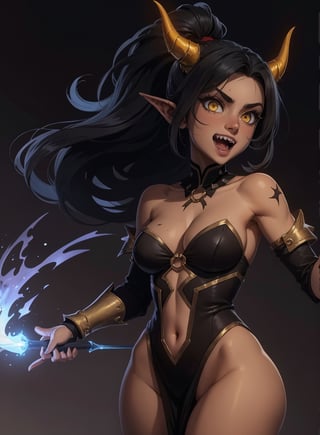 (best quality, masterpiece, epic composition, intricate details, glowing, picture perfect, skin texture, stunning) 
wallpapers, symmetrical, 1girl, portrait, devil, ponytail, gradient eyes, oblong face, red horns, long hair, cleavage, black bra, pointy ears, solo, scars, black hair, open mouth, looking at viewer, upper body, smile, back, from behind, ass, evil smile, fangs, armor, red skin, bangs, :d, high ponytail, sidelocks, demon girl, yellow eyes, spikes, dark skin, black background, black background, naked ass, bottomless, nsfw, colored skin, goosebumps, shoulder armor, glowing, slit pupils, orange eyes, sharp teeth, dark-skinned female, dark, glowing eyes, skin texture ,black background,Detailedface,dark skin,Detailedeyes,perfecteyes,arcane style,dress,  o-ring,  hip vents, hip vents, o-ring,