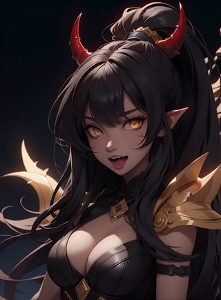 (best quality, masterpiece, epic composition, intricate details, glowing, picture perfect, skin texture, stunning) 
wallpapers, symmetrical, 1girl, portrait, devil, ponytail, gradient eyes, red horns, long hair, cleavage, pointy ears, solo, scars, black hair, open mouth, looking at viewer, upper body, smile, large breasts, teeth, fangs, armor, red skin, bangs, :d, high ponytail, sidelocks, demon girl, yellow eyes, spikes, dark skin, tongue, dark background, medium breasts, colored skin, shoulder armor, glowing, slit pupils, orange eyes, sharp teeth, dark-skinned female, dark, glowing eyes, skin texture ,black background,Detailedface,dark skin,Detailedeyes