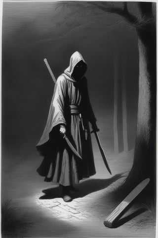 hooded figure with a machete lurking in the shadows, horror, Gustave Doré, Greg Rutkowski