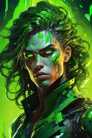 Incredible angle view, Madman Mineral Collector, Crazy Look, Green Eyes, Long Hair, Thick Face, Ink suit, fantasy, UHD, umbilical cord, cyborg style, neon ambiance, oil, acrylic, unreal engine, photorealistic, impression, in the style of Dan Mundford, Charlie Bowater, Tim Burton, character design