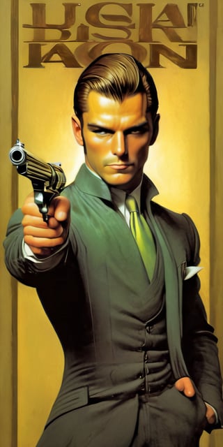 art by Masamune Shirow, art by J.C. Leyendecker, art by boris vallejo, a masterpiece, stunning beauty, hyper-realistic oil painting, vibrant colors, a James Bond type character, dark chiarascuro lighting, aiming a Luger pistol at the viewer, holding the Luger pistol in his right hand,  fighting bad guys, driving an Aston Martin, a telephoto shot, 1000mm lens, f2,8,vertical lines of green matrix code