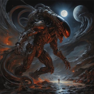 battle between enemies at night, two full moons in the sky, xenomorph, moonlight, intense shadows, dripping blood and sweat, drooling, mess, fighting with military astronauts in red spacesuits, oil portrait, work by H.R. Giger, masterpiece, hyperrealistic oil painting, 18 mm wide angle lens, f2. 8, motion blur for one full second, intense glare, dark shadows, hyperrealistic, masterpiece, 8k,