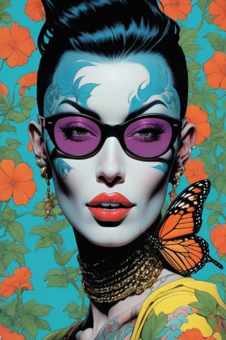 vogue portrait, Horror Comics style, art by brom, smiling people, poking tongue at viewer, lennon sunglasses, punk hairdo, tattoo by ed hardy, shaved hair, neck tattoos by andy warhol, heavily muscled, biceps, glam gore, horror, poster style, flower garden, oversized monarch butterflies, tropical fish, flower garden, 