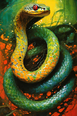  art by simon bisley, art by Brom, art by ralph steadman, art by gustav klimt, a slithering poisonous snake in a tropical jungle, resplendant in colour and intricate detail,  a masterpiece, realistic,  The artwork is a masterpiece, boasting incredible detail and a sense of depth that pulls the viewer in.