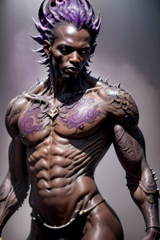 An sexy black african mans arm and shoulder covered in a detailed intricate dark purple dragon tattoo on front and back,  cinematic pose, the tattoo is screaming, scratching, smoking, slowly you see the small tattoo is coming out of the skin and becoming a real version of the tattoo, sticking out, scales, extended claws, 16K, back arm and shoulder shot, ,DonMF43XL,cyberpunk style,steampunk style,IncrsXLRanni,HellAI