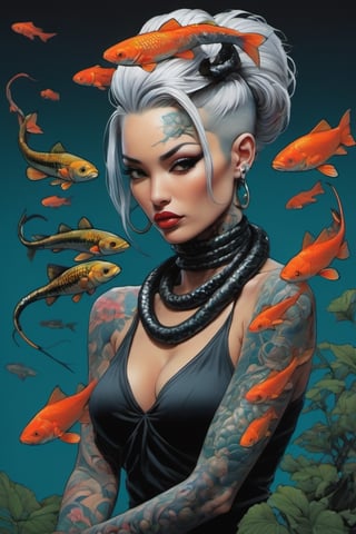 oversized monarch butterflies, goldfish, (((black and white striped seasnake wrapping around the ladies neck))) , Horror Comics style, art by brom, tattoo by ed hardy, shaved hair, neck tattoos by andy warhol, heavily muscled, biceps, glam gore, horror, poster style, underwater picture , Angel fish, 
