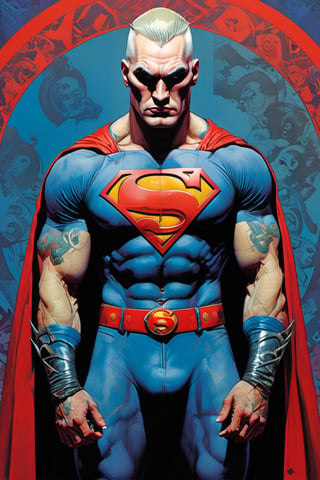 Superman , Horror Comics style, art by brom, tattoo by ed hardy, shaved hair, neck tattoos andy warhol, heavily muscled, biceps,glam gore, horror, demonic, hell visions, demonic women, military poster style, asian art, chequer board