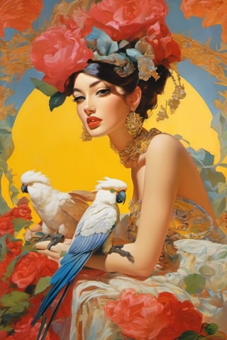 art by Masamune Shirow, art by J.C. Leyendecker, art by boris vallejo, a masterpiece, stunning beauty, hyper-realistic oil painting, vibrant colors, spanish women, 1950 art decor, 1950 art poster, black cockatoo, sulphur crested cockatoo, fashionistas, baroque style, art by armando huerta, art design by armando huertA,  tattoo by ed hardy, more detail XL,close up,Oil painting, 8k, highly detailed, Vogue style, a telephoto shot, 1000mm lens, f2,8,