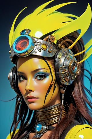 a masterpiece, stunning beauty, perfect face, epic love, Slave to the machine, full-body, hyper-realistic oil painting, vibrant colors, Body horror, wires, , native american war bonnet, a rusty and silver spotted steampunk spacesuit, women looking directly out to viewer, wry smile on her face, neon face with multiple coloured circuits on it, full face visor translucent dirty yellow colour, in the style of futuristic space, glamour, Steam punk steam punk animated gifs, xenomorph lookalike adornments, gun in hand, algorithmic artistry, frank frazetta style, perfect makeup, boris vallejo, pop art consumer culture, plain neon steampunk background, full figure pose, dripping paint, Leonardo Style, blacklight makeup, oni style,