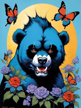 Blue bear with many baby bears, Horror Comics style, art by brom, tattoo by ed hardy, shaved hair, neck tattoos andy warhol, heavily muscled, biceps,glam gore, horror, blue bear, demonic, hell visions, demonic women, military poster style, chequer board, vogue bear portrait, Horror Comics style, art by brom, smiling, lennon sun glasses, punk hairdo, tattoo by ed hardy, shaved hair, neck tattoos by andy warhol, heavily muscled, biceps, glam gore, horror, poster style, flower garden, Easter eggs, coloured foil, oversized monarch butterflies, tropical fish, flower garden,Leonardo,Leonardo Style