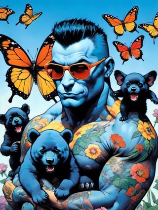 Blue bear with many baby bears, Horror Comics style, art by brom, tattoo by ed hardy, shaved hair, neck tattoos andy warhol, heavily muscled, biceps,glam gore, horror, blue bear, demonic, hell visions, demonic women, military poster style, chequer board, vogue bear portrait, Horror Comics style, art by brom, smiling, lennon sun glasses, punk hairdo, tattoo by ed hardy, shaved hair, neck tattoos by andy warhol, heavily muscled, biceps, glam gore, horror, poster style, flower garden, Easter eggs, coloured foil, oversized monarch butterflies, tropical fish, flower garden,retropunk style,vintagepaper,comic book