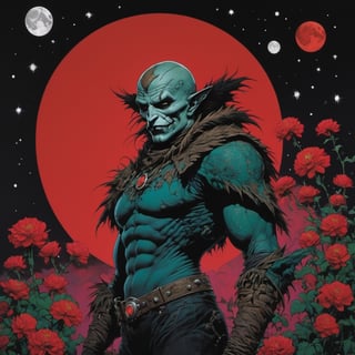 the scarecrow from the wizard of oz, blood moon, Horror Comics style, art by brom, tattoo by ed hardy, shaved hair, neck tattoos by andy warhol, heavily muscled, biceps, glam gore, horror, poster style, flower garden, space constellation, ,art_booster