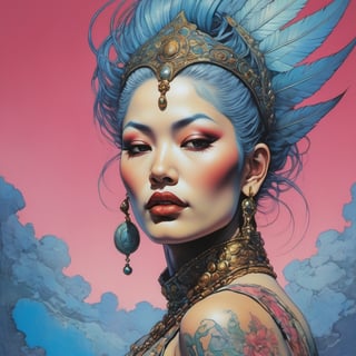 heaven poster, manga style, an oil painting, a masterpiece, art by TavitaNiko, art by Vallejo, art by Klimt , art by brom, tattoo by ed hardy, shaved hair, neck tattoos andy warhol, heavily muscled, biceps,glam gore, horror, demonic, hell visions, demonic women, military poster style, asian art, chequer board,