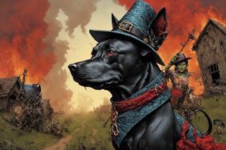 Toto from the wizard of oz, Horror Comics style, art by brom, tattoo by ed hardy, shaved hair, neck tattoos andy warhol, heavily muscled, biceps,glam gore, horror, Toto the dog, tornado, Kansas, oz, demonic, hell visions, demonic women, military poster style, tornado, a wicked witch, a good witch, Kansas farm, twister tornados, 