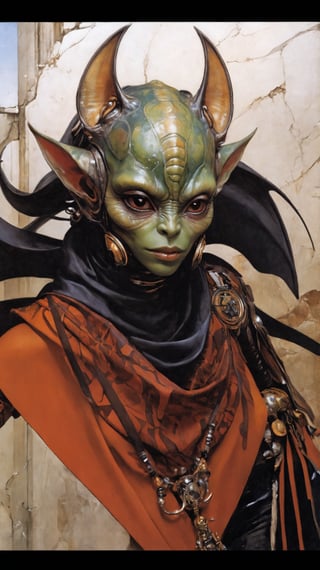 art by Masamune Shirow, art by J.C. Leyendecker, art by simon bisley, art by ralph steadman, a masterpiece, stunning beauty, hyper-realistic oil painting, star wars alien creatures, a portrait picture, incredible detail, fantasy portrait, smooth skin,  kaleidoscope graffiti background, Vogue, artint, frutiger, 