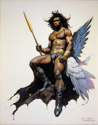 an oil painting, a masterpiece, a black male angel, wings spread,  art by TavitaNiko, art by mel odom, art by Klimt , art by brom, art by Warhol, art by frazetta, 