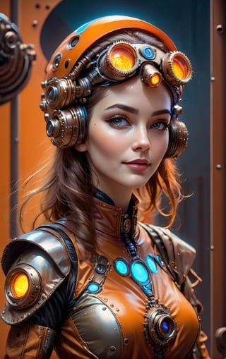 a rusty and silver spotted steampunk spacesuit, women looking directly out to viewer, wry smile on her face, neon face with multiple coloured circuits on it, full face visor translucent orange colour, in the style of futuristic space, glamour,Steam punk steam punk animated gifs, xenomorph lookalike adornments, gun in hand, algorithmic artistry, frank frazetta style, perfect makeup, boris vallejo, pop art consumer culture, plain neon steampunk background, full figure pose,