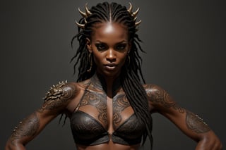 An sexy black african womans arm and shoulder, covered in a detailed intricate dragon tatoo on front and back,  cinematic pose, that is stretching out in to reality, its screaming, scratching, smoking, similar to dragon tattoo by Boris Vallejo, slowly you see the small dragon tattoo in parts is coming out of the skin and becoming a real version of the tattoo, sticking out, scales, extended claws, 16K, back arm and shoulder shot, ,DonMF43XL,cyberpunk style,steampunk style,IncrsXLRanni,HellAI,DonM5yn1hXL