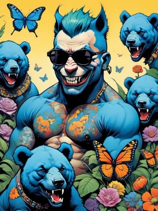 Blue bear with many baby bears, Horror Comics style, art by brom, tattoo by ed hardy, shaved hair, neck tattoos andy warhol, heavily muscled, biceps,glam gore, horror, blue bear, demonic, hell visions, demonic women, military poster style, chequer board, vogue bear portrait, Horror Comics style, art by brom, smiling, lennon sun glasses, punk hairdo, tattoo by ed hardy, shaved hair, neck tattoos by andy warhol, heavily muscled, biceps, glam gore, horror, poster style, flower garden, Easter eggs, coloured foil, oversized monarch butterflies, tropical fish, flower garden,retropunk style,vintagepaper,comic book,Leonardo Style