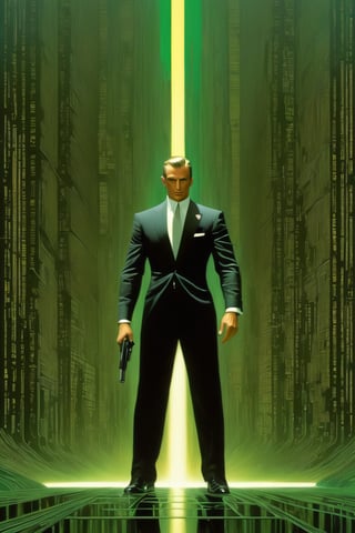 art by Masamune Shirow, art by J.C. Leyendecker, art by boris vallejo, a masterpiece, stunning beauty, hyper-realistic oil painting, vibrant colors, a James Bond type character, dark chiarascuro lighting, aiming a Luger pistol at the viewer, fighting bad guys, driving an Aston Martin, a telephoto shot, 1000mm lens, f2,8,vertical lines of green matrix code