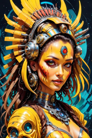 a masterpiece,  stunning beauty,  perfect face,  epic love,  Slave to the machine,  full-body,  hyper-realistic oil painting,  vibrant colors,  Body horror,  wires,   ,  native american war bonnet, a rusty and silver spotted steampunk spacesuit, women looking directly out to viewer, wry smile on her face, neon face with multiple coloured circuits on it, full face visor translucent dirty yellow colour, in the style of futuristic space, glamour,Steam punk steam punk animated gifs, xenomorph lookalike adornments, gun in hand, algorithmic artistry, frank frazetta style, perfect makeup, boris vallejo, pop art consumer culture, plain neon steampunk background, full figure pose,dripping paint,Leonardo Style,blacklight makeup,oni style