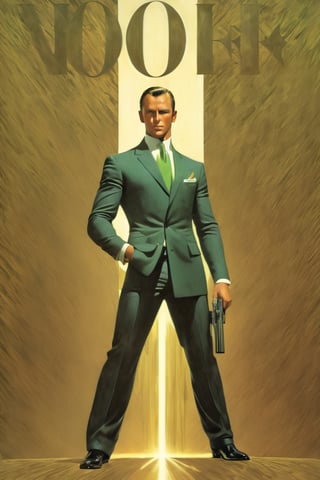 art by Masamune Shirow, art by J.C. Leyendecker, art by boris vallejo, a masterpiece, stunning beauty, hyper-realistic oil painting, vibrant colors, a James Bond type character, dark chiarascuro lighting, aiming a Luger pistol at the viewer, fighting bad guys, driving an Aston Martin, a telephoto shot, 1000mm lens, f2,8,vertical lines of green matrix code