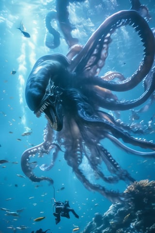 an alien xenomorph launches itself at a nearby victim, a giant octopus, motion blur, underwater scene, cinematic wide shot, small fish scatter, 