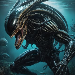 an alien xenomorph launches itself at a nearby victim, black shiny carapace, drool, motion blur, underwater scene 