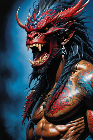 close up of the mans face, a sexy black african mans arm and shoulder, man is staring screaming at the viewer, raging, long hair, the arm and shoulder are covered in a very detailed intricate red and blue dragon tattoo that is protruding outfrom the skin, coming alive, its screaming, scratching, similar to dragon tattoo by Boris Vallejo, slowly you see the small dragon tattoo in parts is coming out of the skin and becoming a real version of the tattoo, sticking out, scales, extended claws, spit, spittle, blood drops, 16K, movie still, cinematic, ,omatsuri,DonMn1ghtm4reXL