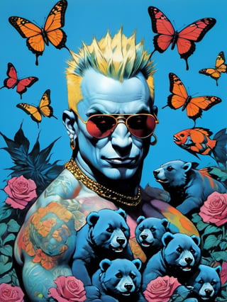 Blue bear with many baby bears, Horror Comics style, art by brom, tattoo by ed hardy, shaved hair, neck tattoos andy warhol, heavily muscled, biceps,glam gore, horror, blue bear, demonic, hell visions, demonic women, military poster style, chequer board, vogue bear portrait, Horror Comics style, art by brom, smiling, lennon sun glasses, punk hairdo, tattoo by ed hardy, shaved hair, neck tattoos by andy warhol, heavily muscled, biceps, glam gore, horror, poster style, flower garden, Easter eggs, coloured foil, oversized monarch butterflies, tropical fish, flower garden,