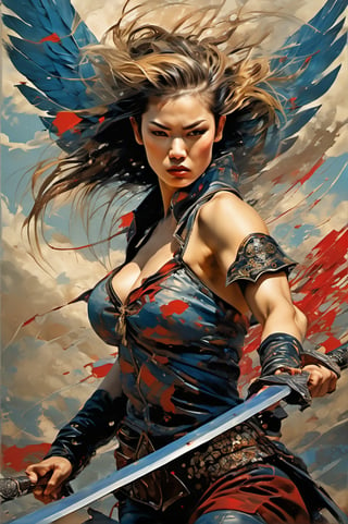 heaven poster, a warrior women, hair is wind blown, huge wings on her back, dramatic blue sky and angry lightening clouds behind her, long battle sword in her right hand, blood dripping from the sword, manga style, an oil painting, a masterpiece, art by TavitaNiko, art by Vallejo, art by Klimt , art by brom, tattoo by ed hardy, shaved hair, neck tattoos andy warhol, heavily muscled, biceps,glam gore, horror, demonic, hell visions, demonic women, military poster style, asian art, chequer board,