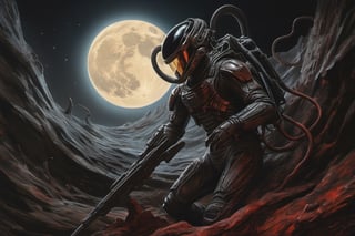 battle between enemies at night, two full moons in the sky, xenomorph, moonlight, intense shadows, dripping blood and sweat, drooling, mess, fighting with military astronauts in red spacesuits, oil portrait, work by H.R. Giger, masterpiece, hyperrealistic oil painting, 18 mm wide angle lens, f2. 8, motion blur for one full second, intense glare, dark shadows, hyperrealistic, masterpiece, 8k,