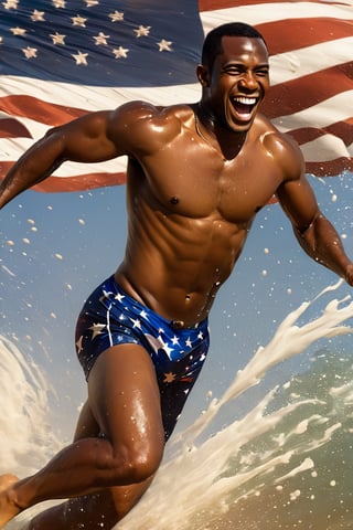 a mid section body shot photograph of a happy African American man, wearing a Speedos, beach seawater running down his body, splashing seawater, very large American flag background, fluid motion, dynamic movement, cinematic lighting, palette knife, brown nipples, digital artwork by Beksinski,action shot,sweetscape, art by Klimt, airbrush art, ,photo r3al,ice and water,close up,Movie Poster