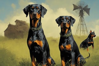 Horror Comics style, art by brom, Toto the dog, a rotweiler. a doberman, Kansas, oz, military poster style, Kansas farm, 