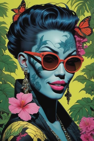 vogue portrait, Horror Comics style, art by brom, smiling people, poking tongue at viewer, lennon sunglasses, punk hairdo, tattoo by ed hardy, shaved hair, neck tattoos by andy warhol, heavily muscled, biceps, glam gore, horror, poster style, flower garden, oversized monarch butterflies, tropical fish, flower garden, 