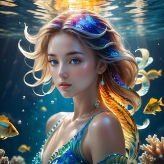 In the shimmering depths of the ocean abyss, an attractive young sea nymph glides effortlessly. Dressed in a form-fitting bikini that mirrors the colors of the sea, she moves with grace and allure. Her eyes, with a sly glint, suggest mysteries untold. The underwater world around her is alive with corals, sea creatures, and dappled sunlight filtering through the water's surface. Capture a full-body view from head to toe of this mesmerizing sea nymph, emphasizing the fluidity of her movements and the intricate details of her surroundings, barefoot, hands detailed, full body, perfect body, seductively pose, extremely charming, alluring scene, mysterious ancient fantasy world, cinematic photography, captured with professional DSLR camera, octane render, studio photo, 32k, ultra detailed, ultra sharp focus, golden ratio, 50 multicoloured different aquarium fish swimming around her face, ultra wide shot,a girl formed of colored glaze